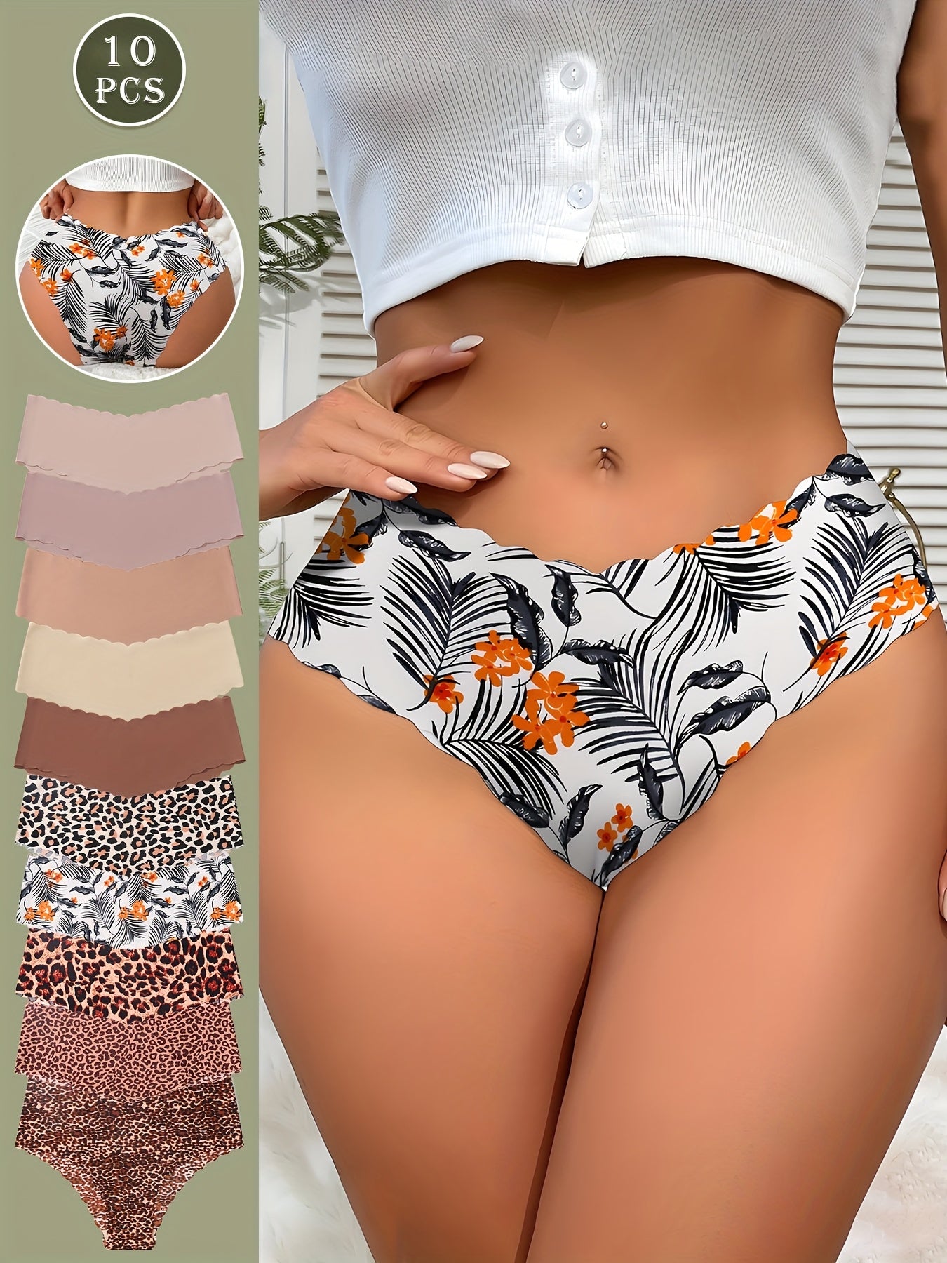 10-pack of new seamless scallop-shaped slimming Women's panties, one-piece comfortable breathable high elasticity smooth briefs upgraded version hot color leopard and solid color matching female underwear and panty four seaso